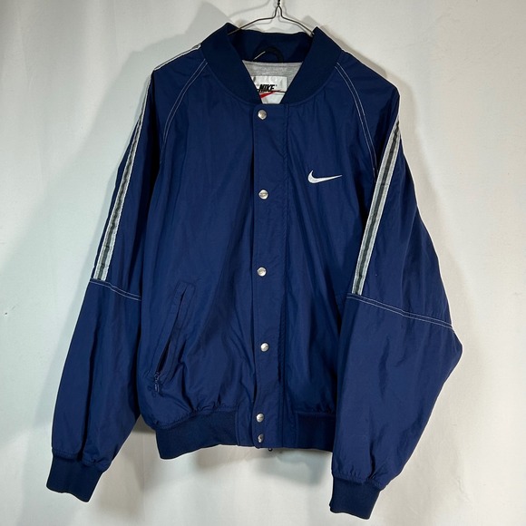 Nike Other - Nike Vintage  Bomber Jacket Blue White Stripe Logo Snap Front Athletic Mens M